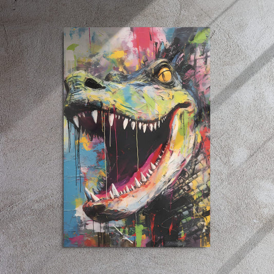 "Primal Roar" glossy metal poster 24"x36" on textured concrete wall with diagonal window-light shadows, graffiti-style dinosaur print with roaring jaws, sharp teeth, bright yellow eye, teal snout, and layered paint-splatter drips, by GiveMeMood