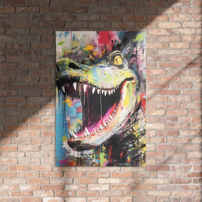 "Primal Roar" glossy metal poster 24"x36" on rustic brick wall with sun shadows, colorful abstract dinosaur head artwork with roaring mouth, jagged teeth, amber eye, teal face, and splattered street-art paint textures, by GiveMeMood