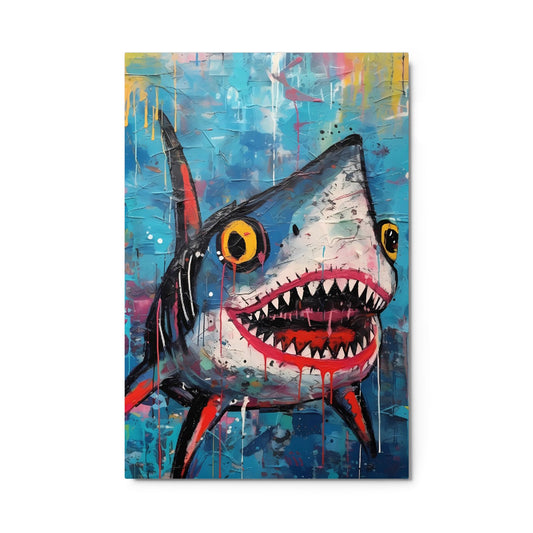 "Neon Predator" glossy metal poster 24"x36" product photo on white background, close-up pop-art graffiti shark portrait with sharp teeth, neon yellow eyes, red-pink mouth, and dripping paint textures, by GiveMeMood