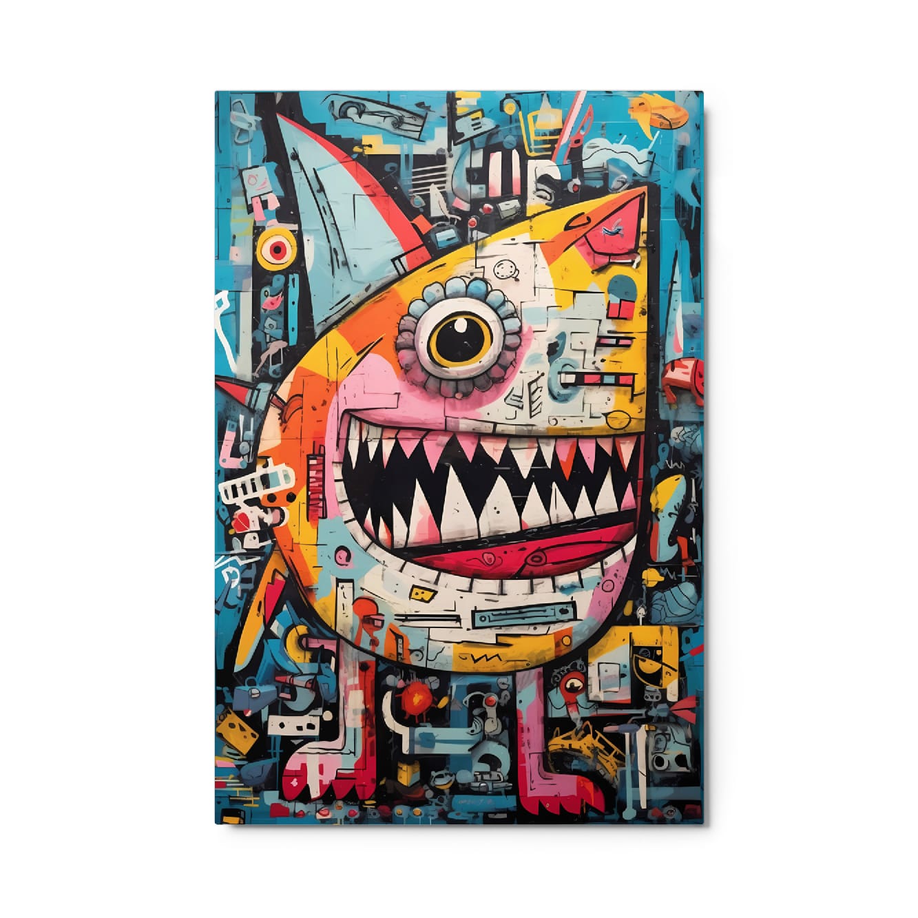 "Urban Chomp" glossy metal poster 24"x36" product photo on white background, close-up graffiti monster portrait with single eye, sharp teeth, pink-and-red mouth details, and layered street-art textures, by GiveMeMood