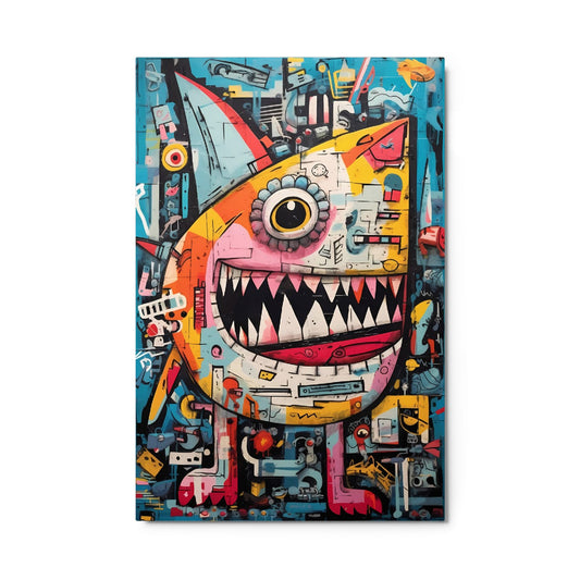 "Urban Chomp" glossy metal poster 24"x36" product photo on white background, close-up graffiti monster portrait with single eye, sharp teeth, pink-and-red mouth details, and layered street-art textures, by GiveMeMood