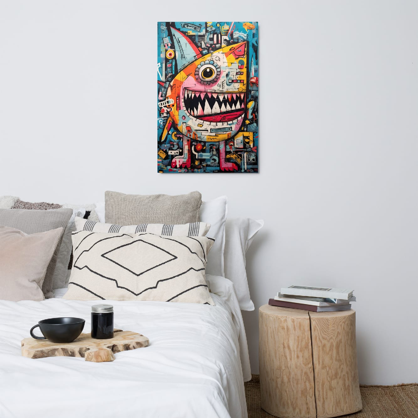 "Urban Chomp" glossy metal poster 24"x36" above bed in a modern bedroom, colorful graffiti monster metal wall art with one big eye and wide toothy grin against a bold teal street-art background, by GiveMeMood