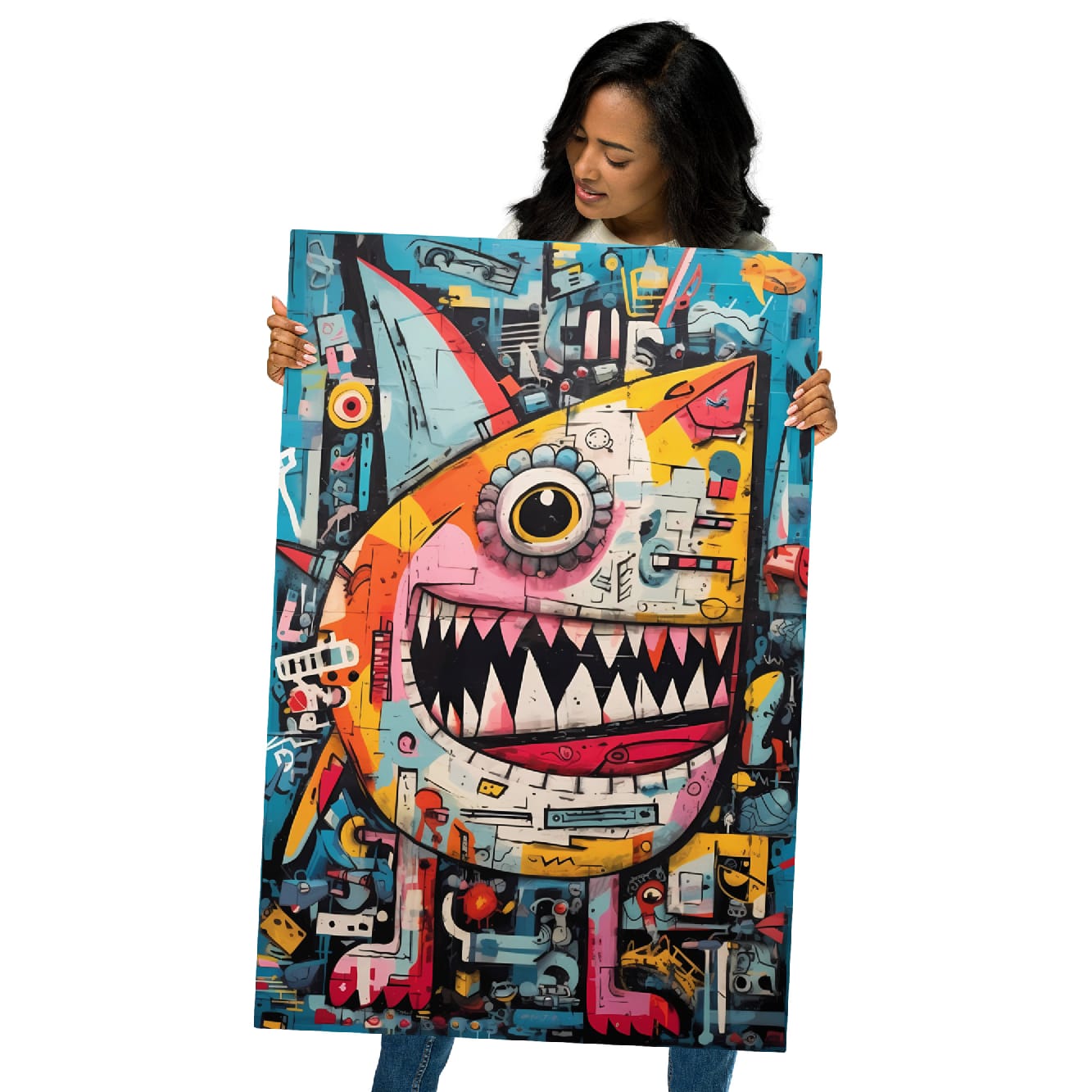 "Urban Chomp" glossy metal poster 24"x36" held by model, oversized graffiti monster aluminum print with single eye, razor teeth, and bright neon street-art color blocks, by GiveMeMood