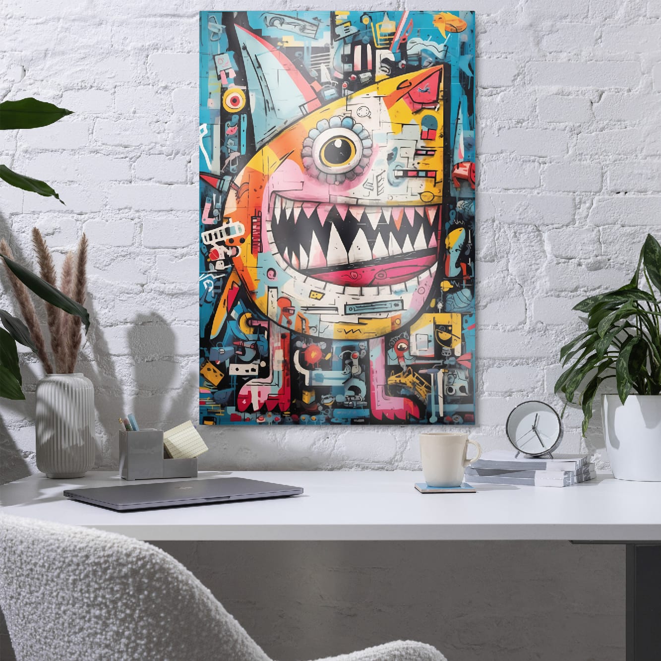 Urban Chomp" glossy metal poster 24"x36" in a home office above desk on white brick wall, vibrant graffiti monster metal print with one big eye, jagged teeth, and vivid aqua/teal paint-splatter accents, by GiveMeMood