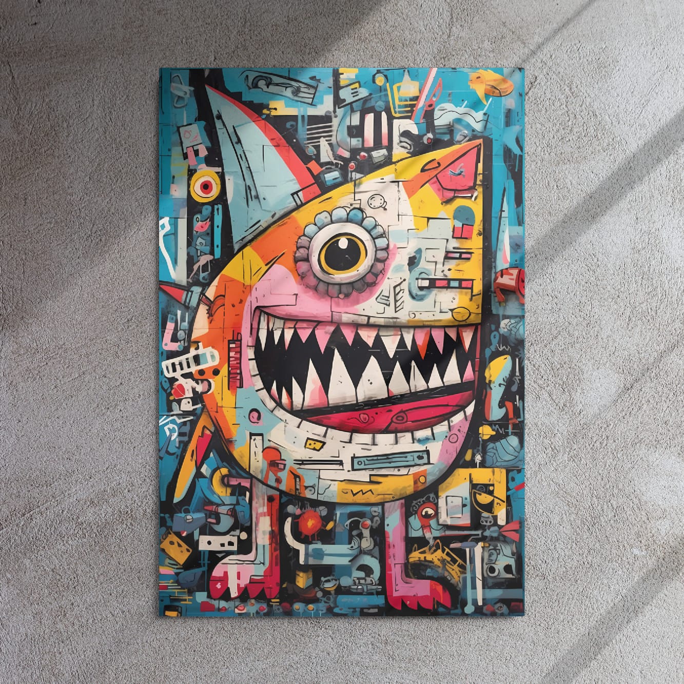 "Urban Chomp" glossy metal poster 24"x36" on textured concrete wall with diagonal window-light shadows, graffiti monster wall art with one big eye, pointed ears, and jagged teeth in vivid teal and neon colors, by GiveMeMood