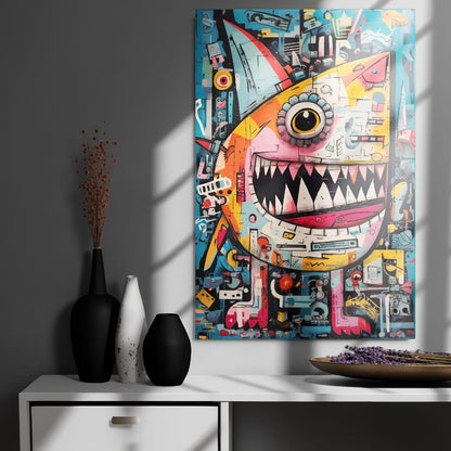 "Urban Chomp" glossy metal poster 24"x36" on modern gray wall above console decor with window-light shadows, bold graffiti monster metal print with one big eye, wide grin, and sharp teeth, by GiveMeMood