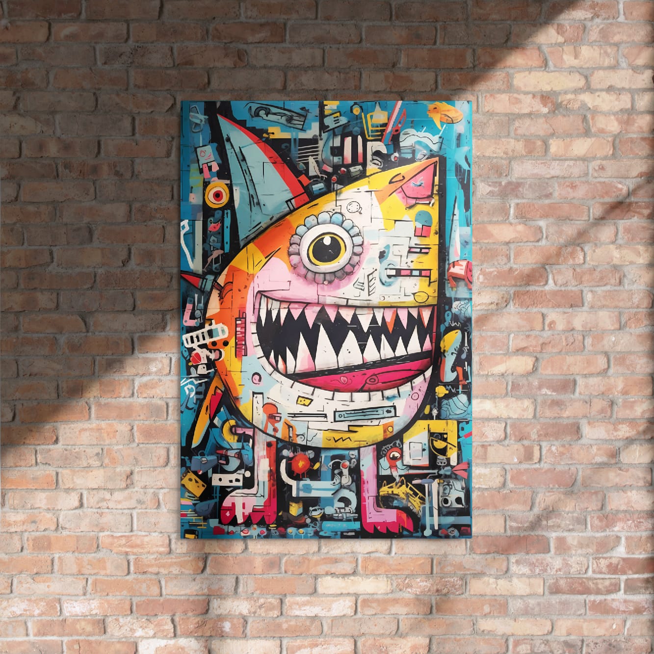 "Urban Chomp" glossy metal poster 24"x36" on rustic brick wall with sun shadows, graffiti monster wall art on aluminum with single yellow eye, pointed ears, and sharp teeth in teal and neon tones, by GiveMeMood