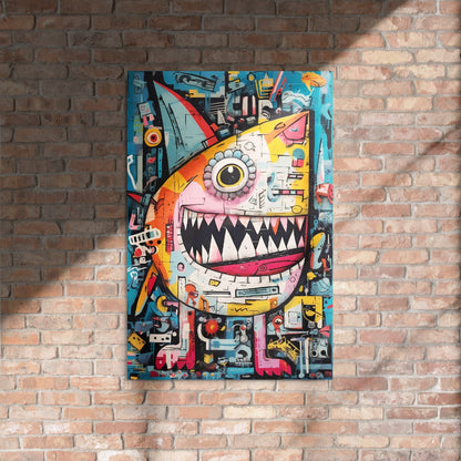 "Urban Chomp" glossy metal poster 24"x36" on rustic brick wall with sun shadows, graffiti monster wall art on aluminum with single yellow eye, pointed ears, and sharp teeth in teal and neon tones, by GiveMeMood