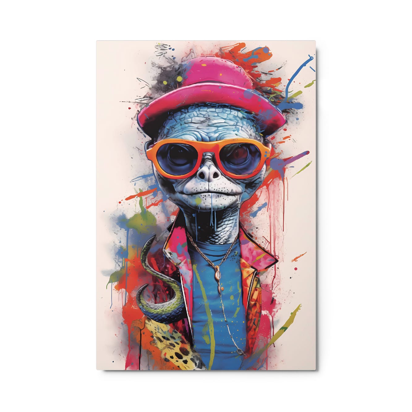 "Reptile Swagger" glossy metal poster 24"x36" product photo on white background, close-up pop-art reptile portrait with pink hat, orange sunglasses, and vibrant paint-drip splatter details, by GiveMeMood