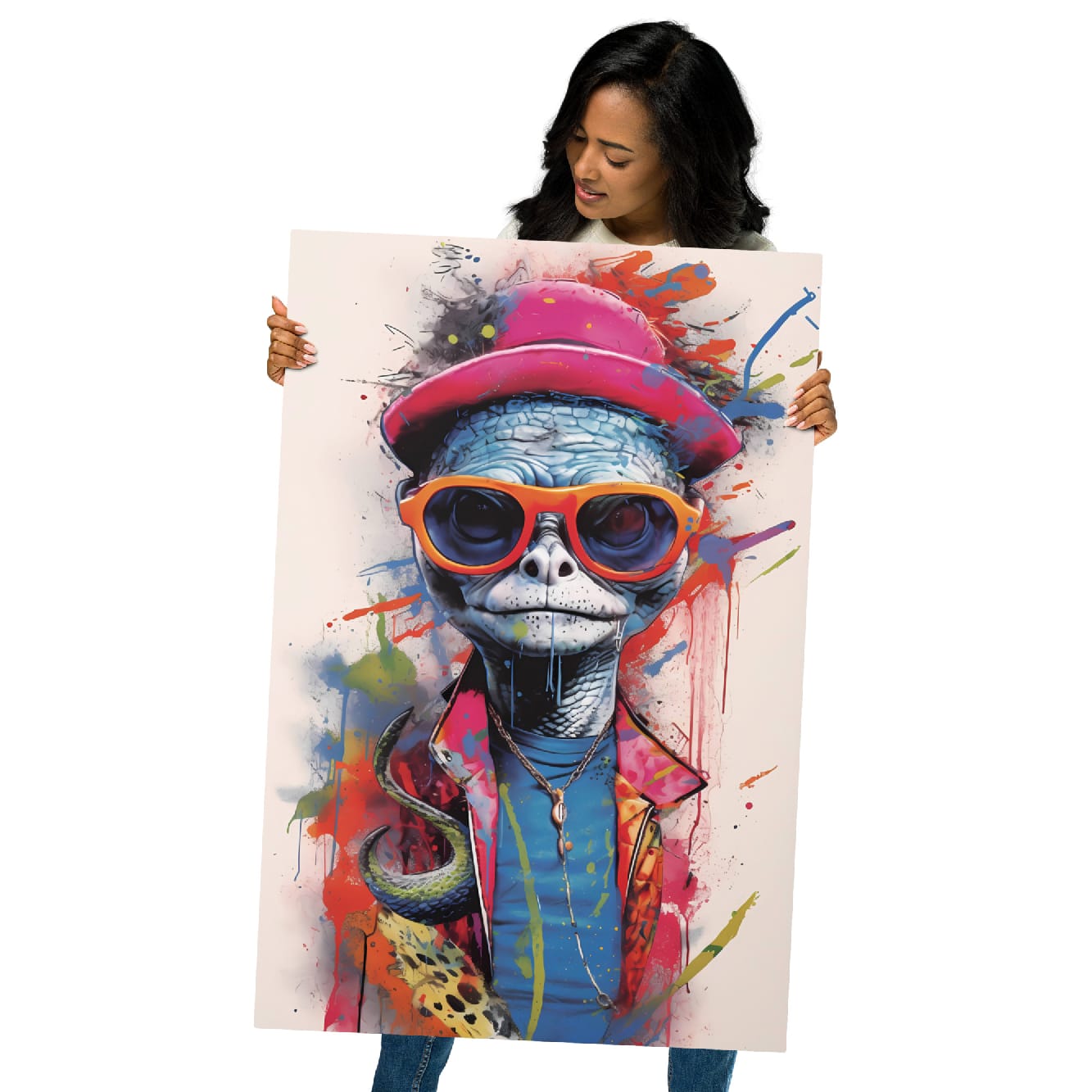 "Reptile Swagger" glossy metal poster 24"x36" held by model, oversized street-art reptile aluminum print featuring pink hat, orange sunglasses, and vibrant paint-splatter accents, by GiveMeMood