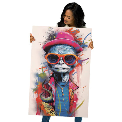 "Reptile Swagger" glossy metal poster 24"x36" held by model, oversized street-art reptile aluminum print featuring pink hat, orange sunglasses, and vibrant paint-splatter accents, by GiveMeMood