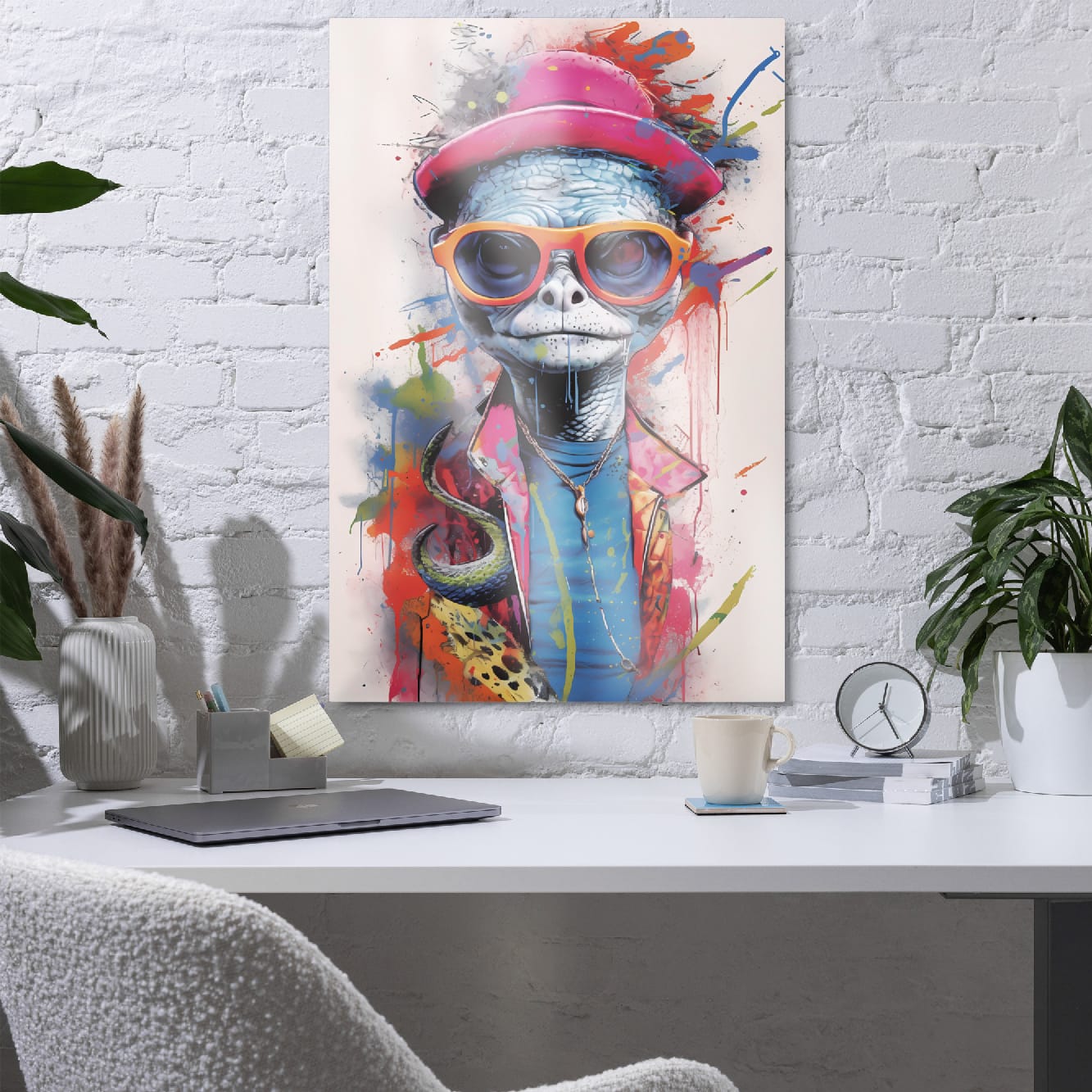 "Reptile Swagger" glossy metal poster 24"x36" in a home office above desk on white brick wall, modern reptile wall art with orange sunglasses, pink hat, and colorful paint-drip texture, by GiveMeMood
