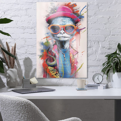 "Reptile Swagger" glossy metal poster 24"x36" in a home office above desk on white brick wall, modern reptile wall art with orange sunglasses, pink hat, and colorful paint-drip texture, by GiveMeMood