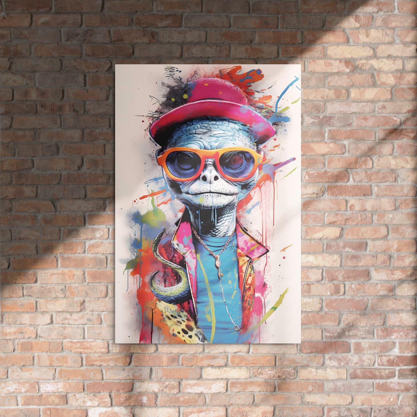 "Reptile Swagger" glossy metal poster 24"x36" on rustic brick wall with sun shadows, graffiti-style reptile portrait wall art with pink hat, orange sunglasses, and vibrant paint splatter, by GiveMeMood