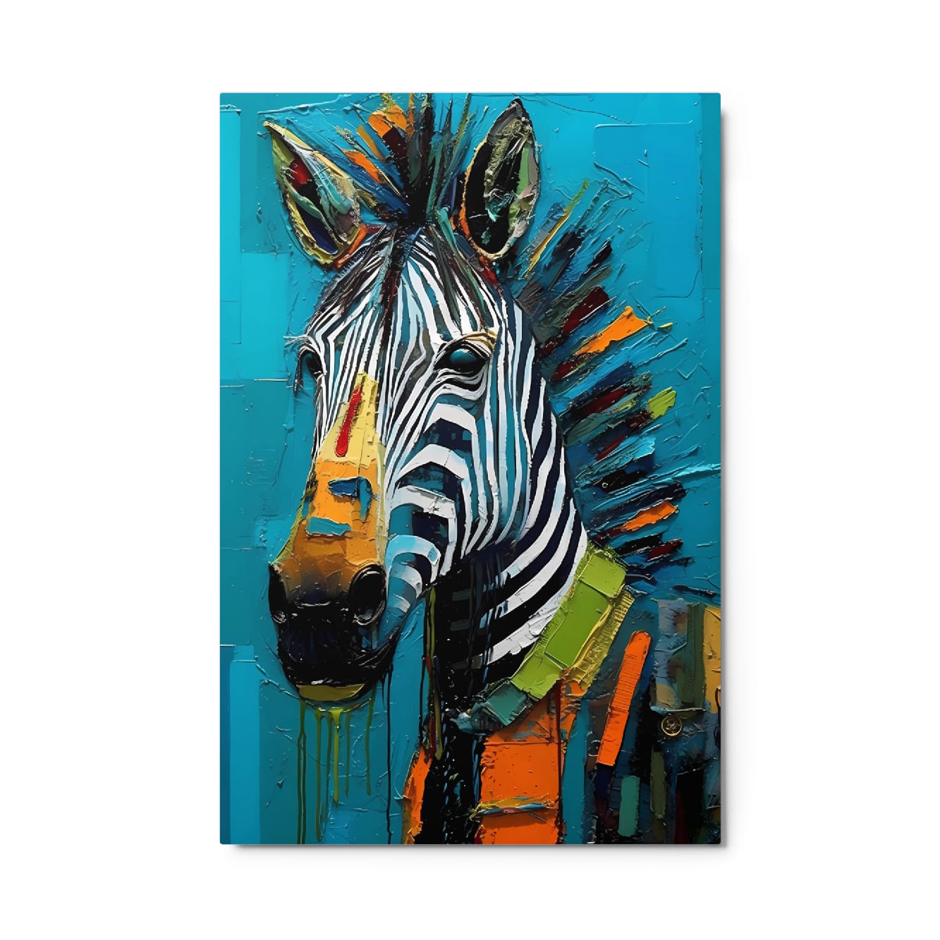"Striped Vibrance" glossy metal poster 24"x36" product photo on white background, close-up pop-art zebra portrait with bold stripes, turquoise backdrop, multicolor brush-stroke mane, and paint-drip details, by GiveMeMood