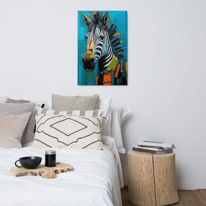 "Striped Vibrance" glossy metal poster 24"x36" above bed in a modern bedroom, vibrant abstract zebra wall decor with black-and-white stripes, turquoise background, and bold orange-green paint accents, by GiveMeMood