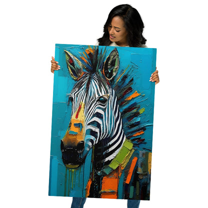 "Striped Vibrance" glossy metal poster 24"x36" held by model, oversized abstract zebra aluminum print with bold stripes, turquoise background, colorful brush-stroke mane, and dripping paint texture, by GiveMeMood