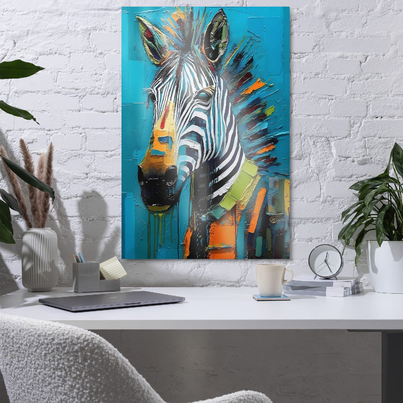 "Striped Vibrance" glossy metal poster 24"x36" in a home office above desk on white brick wall, modern zebra wall art featuring bold stripes, turquoise backdrop, and vibrant paint-splatter highlights, by GiveMeMood