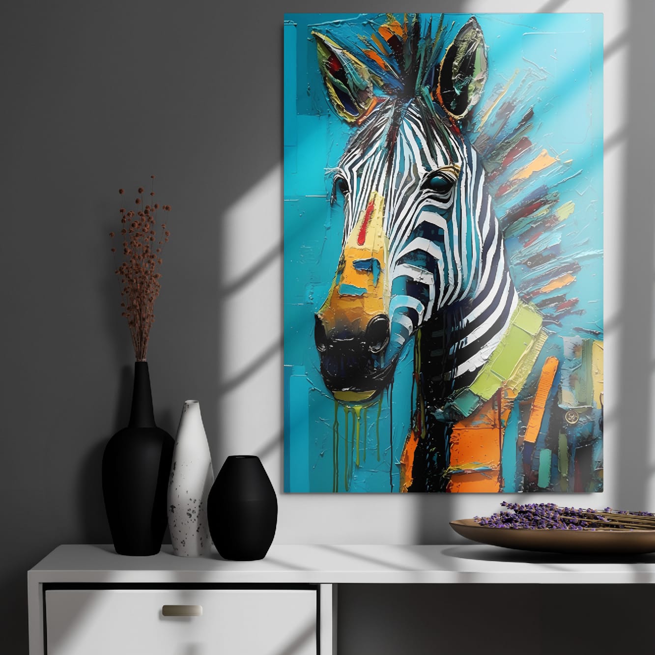 "Striped Vibrance" glossy metal poster 24"x36" on modern gray wall above console decor with window-light shadows, pop-art zebra portrait with turquoise background, multicolor mane strokes, and paint-drip accents, by GiveMeMood