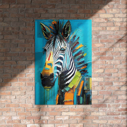 "Striped Vibrance" glossy metal poster 24"x36" on rustic brick wall with sun shadows, abstract zebra wall art with bold black-and-white stripes, turquoise background, and colorful paint-splash details, by GiveMeMood
