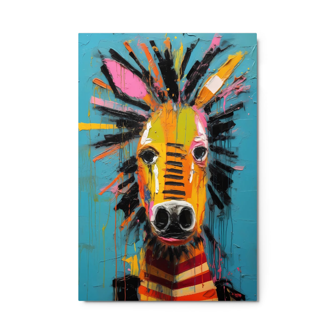 "Striped Vibrance" glossy metal poster 24"x36" product photo on white background, close-up abstract zebra portrait with turquoise backdrop, multicolor impasto brush strokes, and dripping paint details, by GiveMeMood
