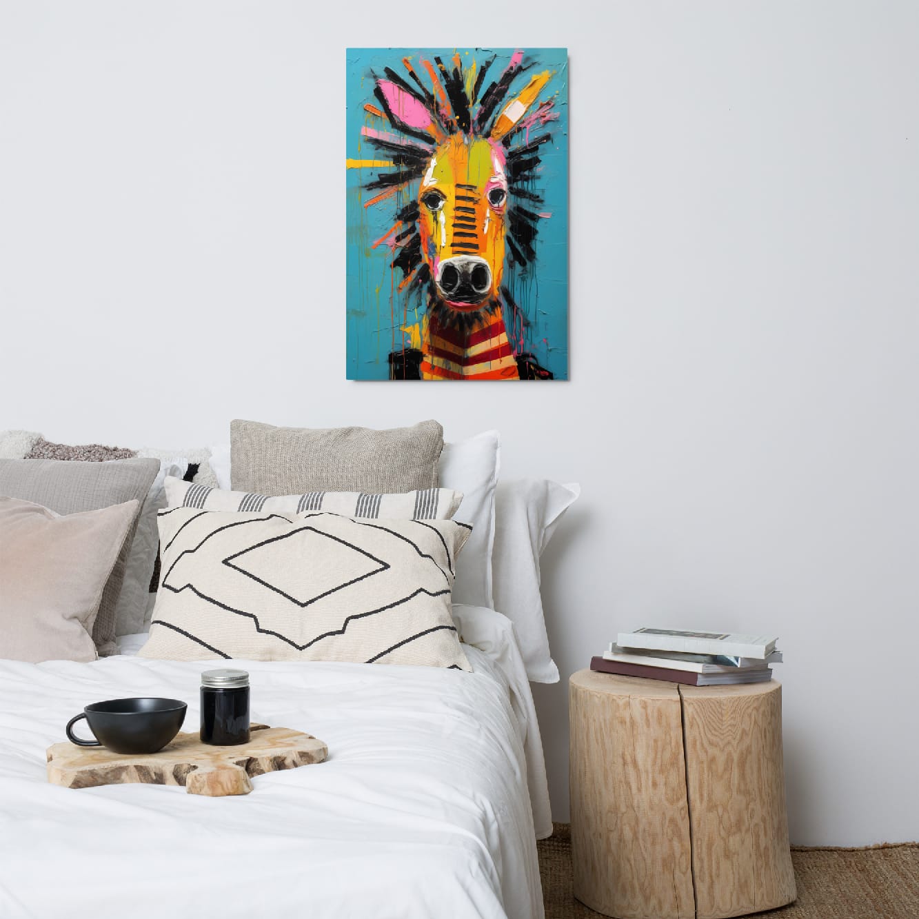 "Striped Vibrance" glossy metal poster 24"x36" above bed in a modern bedroom, vibrant zebra wall decor with turquoise background, bold colorful mane accents, and expressive paint splatter drips, by GiveMeMood