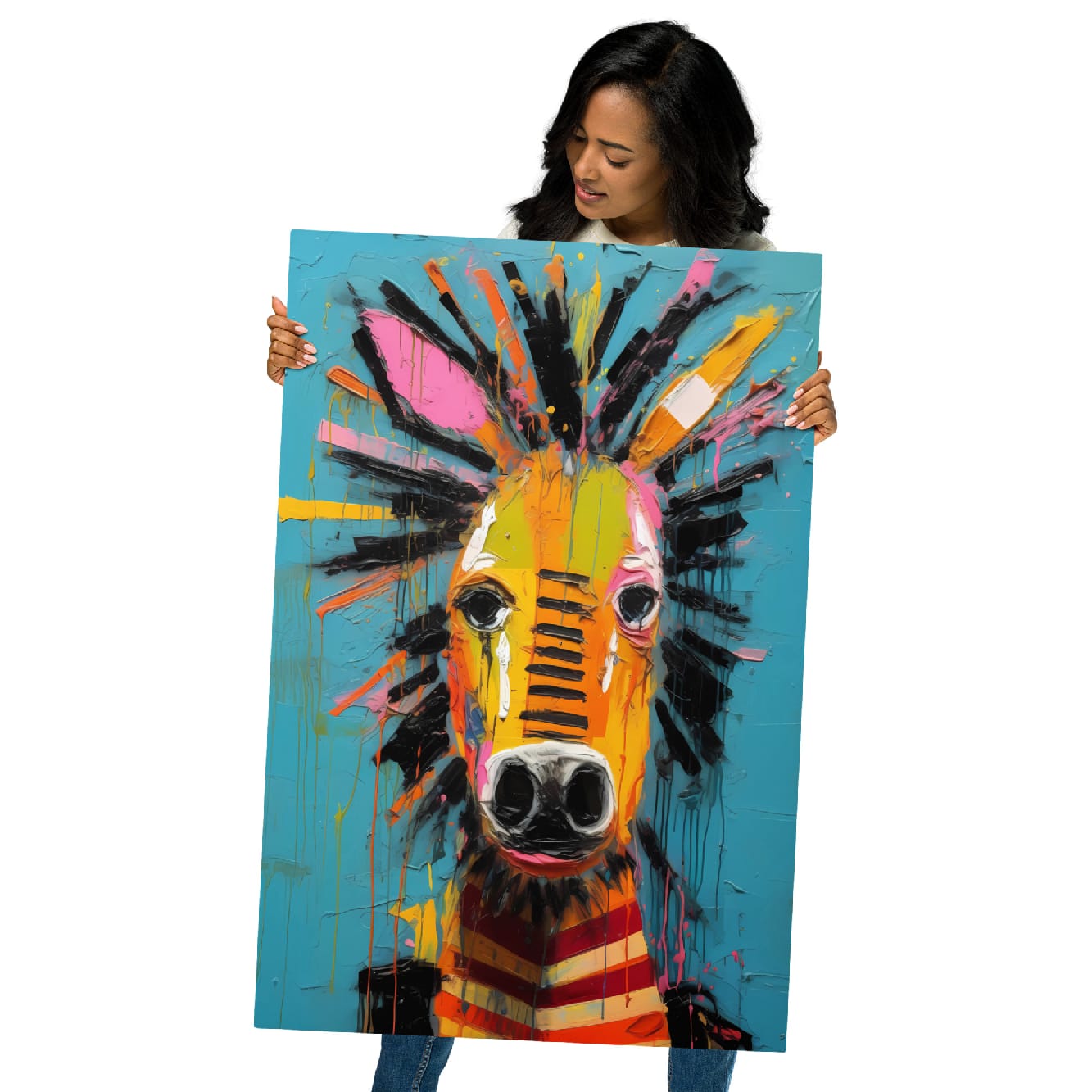 "Striped Vibrance" glossy metal poster 24"x36" held by model, oversized abstract zebra aluminum wall art with turquoise background, bold multicolor brush-stroke mane, and dripping paint texture, by GiveMeMood