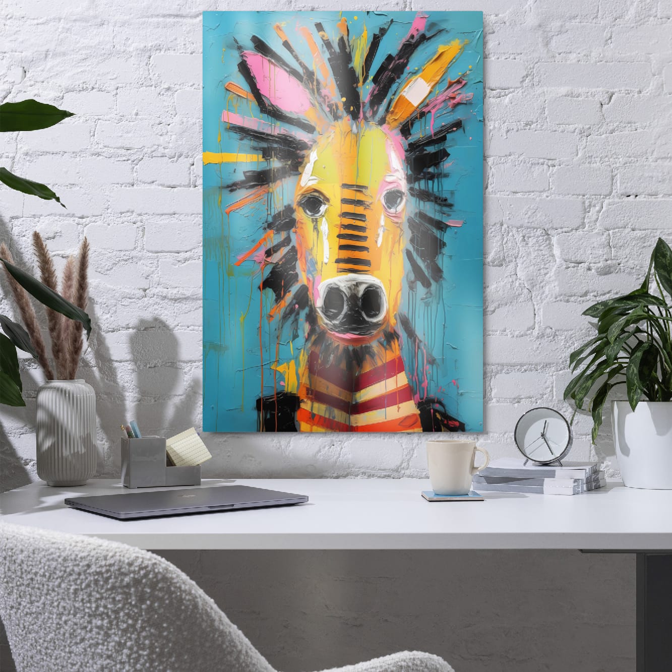 "Striped Vibrance" glossy metal poster 24"x36" in a home office above desk on white brick wall, modern abstract zebra metal print with turquoise background, dripping paint, and vivid mixed-color texture, by GiveMeMood