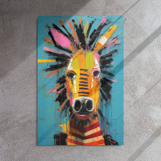 "Striped Vibrance" glossy metal poster 24"x36" on textured concrete wall with diagonal window-light shadows, abstract zebra wall art with turquoise background and colorful paint-splatter highlights, by GiveMeMood