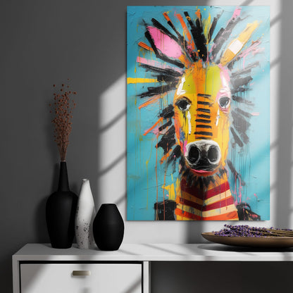 "Striped Vibrance" glossy metal poster 24"x36" on modern gray wall above console decor with window-light shadows, pop-art zebra portrait with turquoise background, colorful mane strokes, and paint-drip accents, by GiveMeMood