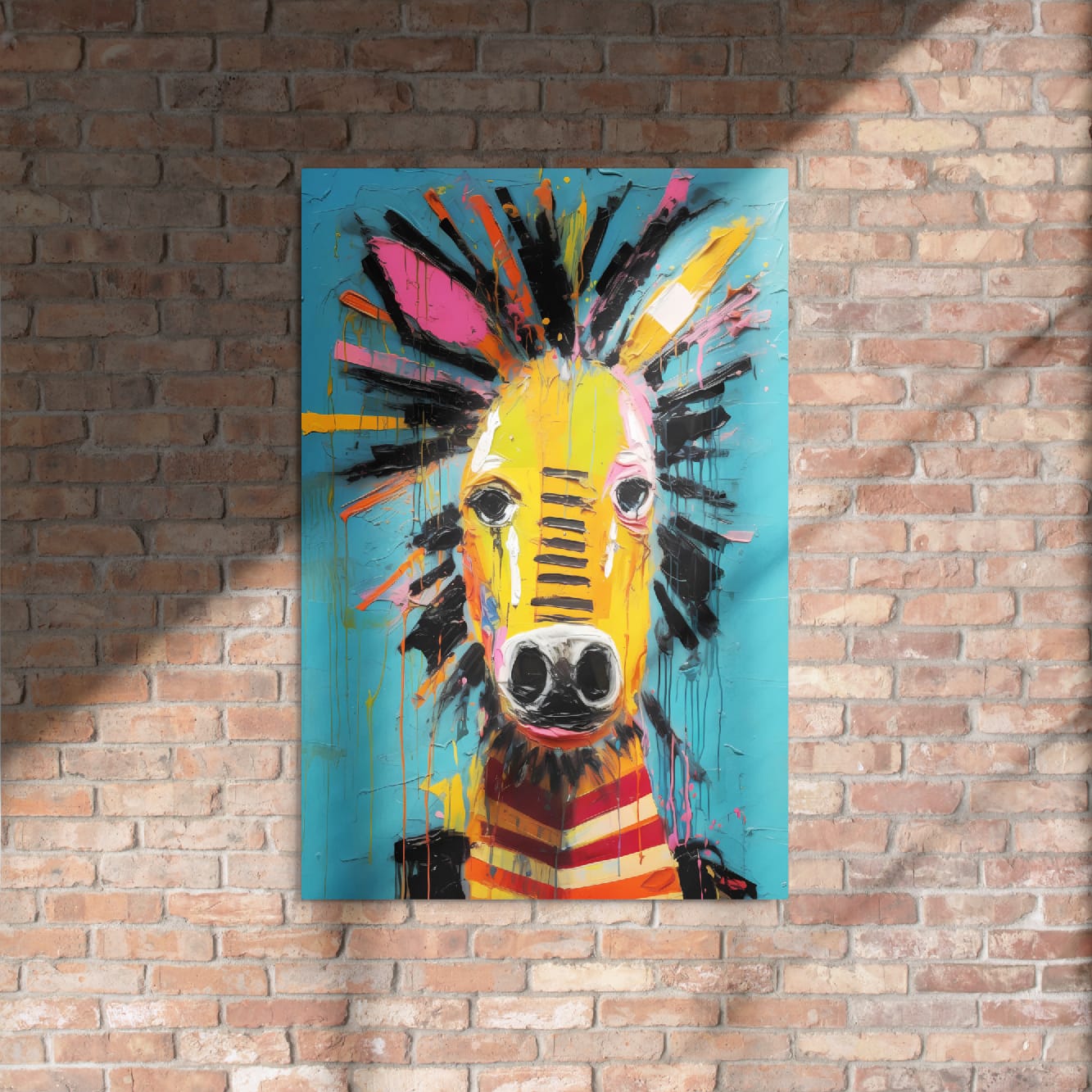 "Striped Vibrance" glossy metal poster 24"x36" on rustic brick wall with sun shadows, abstract zebra wall art with turquoise background, colorful brush-stroke mane, and paint-drip texture, by GiveMeMood