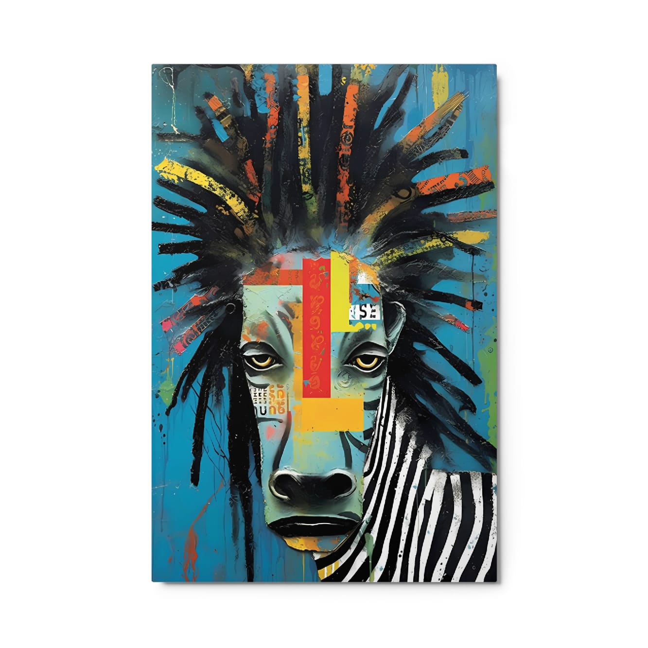 "Rebel Stripes" glossy metal poster 24"x36" product photo on white background, close-up zebra metal wall art with teal/turquoise backdrop, bold red-yellow accents, and dripping paint details, by GiveMeMood