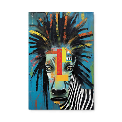 "Rebel Stripes" glossy metal poster 24"x36" product photo on white background, close-up zebra metal wall art with teal/turquoise backdrop, bold red-yellow accents, and dripping paint details, by GiveMeMood