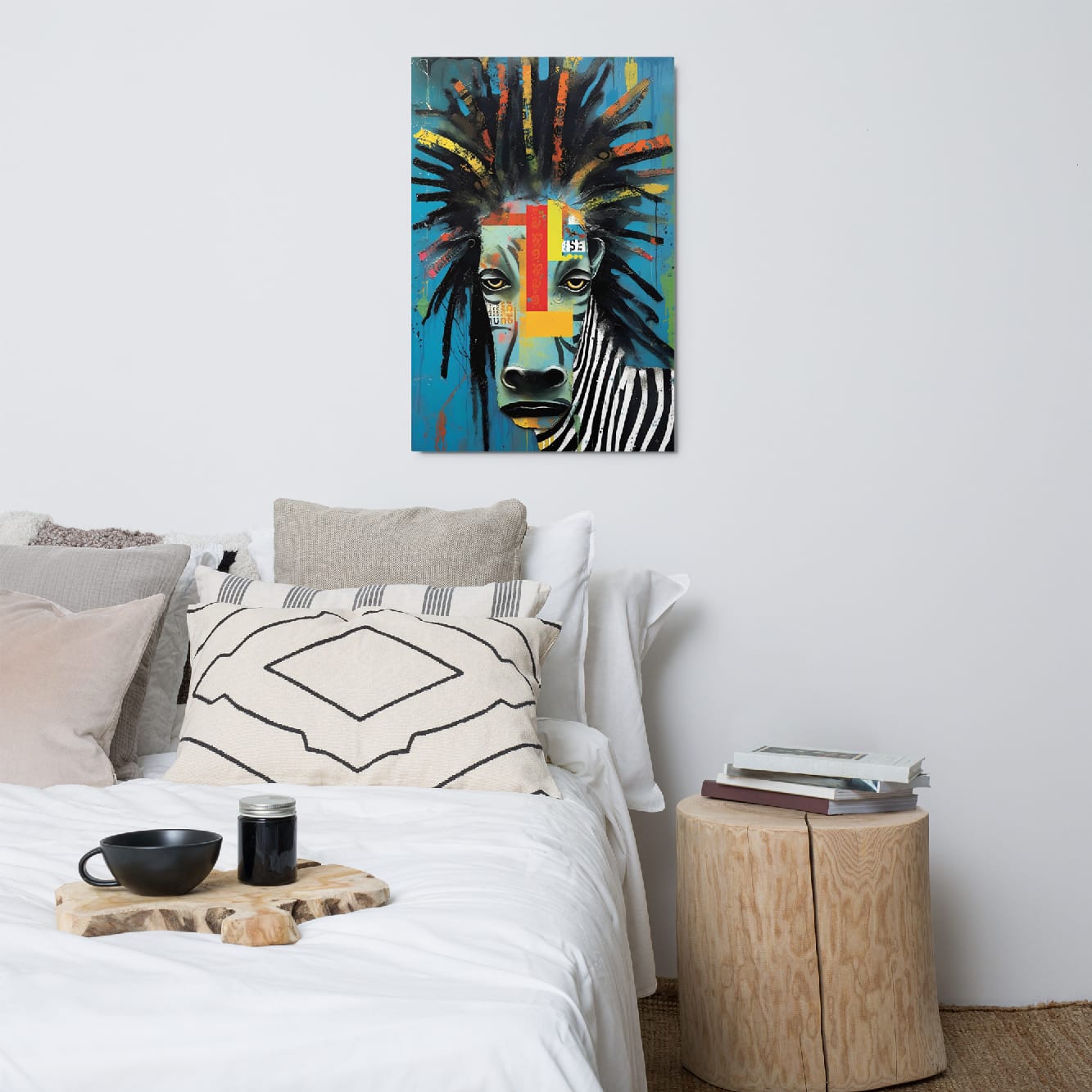 "Rebel Stripes" glossy metal poster 24"x36" above bed in a modern bedroom, vibrant zebra metal wall art with teal/turquoise background, bold multicolor mane strokes, and paint-drip details, by GiveMeMood