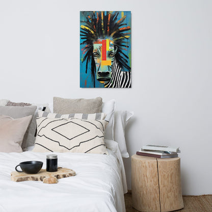 "Rebel Stripes" glossy metal poster 24"x36" above bed in a modern bedroom, vibrant zebra metal wall art with teal/turquoise background, bold multicolor mane strokes, and paint-drip details, by GiveMeMood