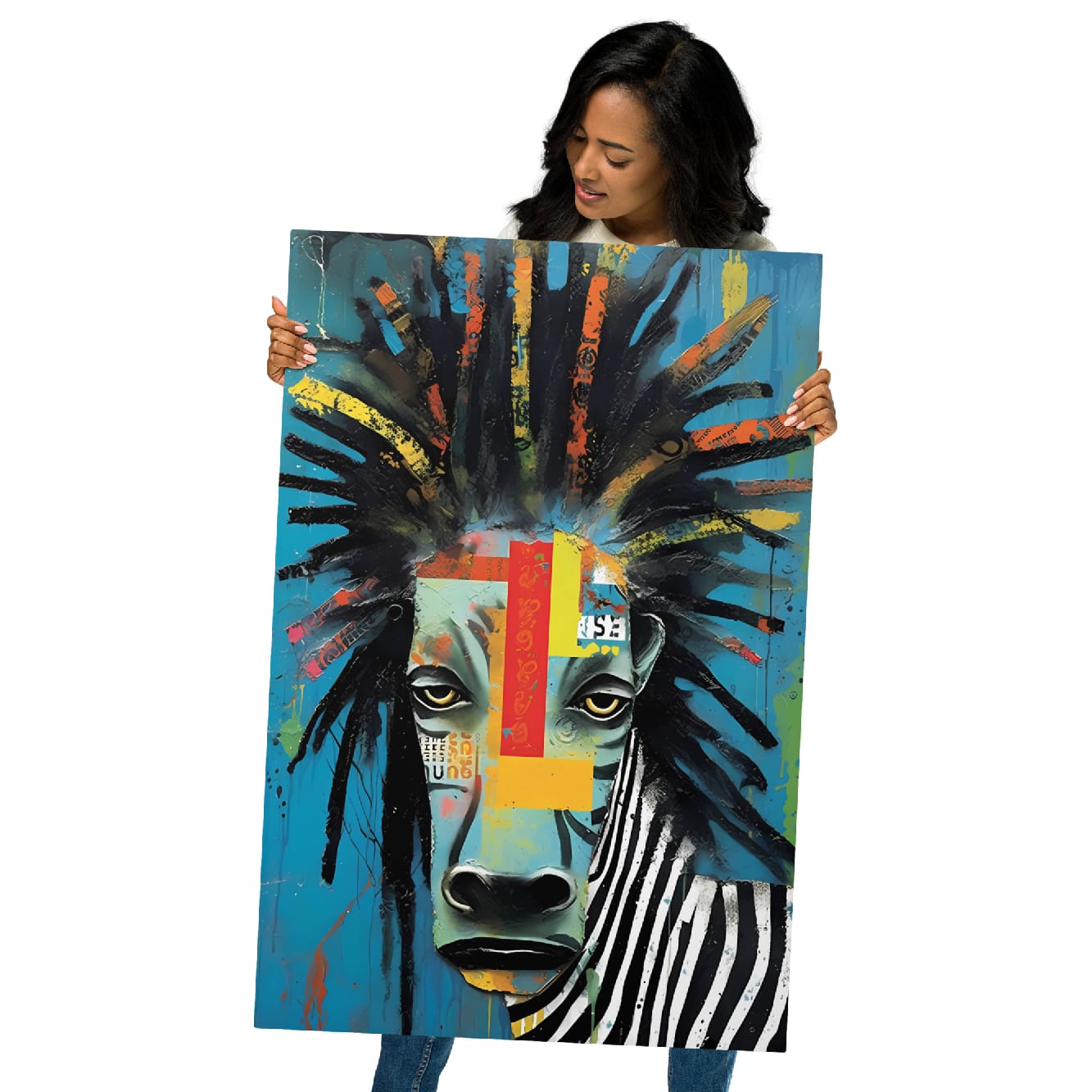 "Rebel Stripes" glossy metal poster 24"x36" held by model, oversized pop-art zebra portrait with teal background, multicolor brush-stroke mane, and paint-drip texture, by GiveMeMood