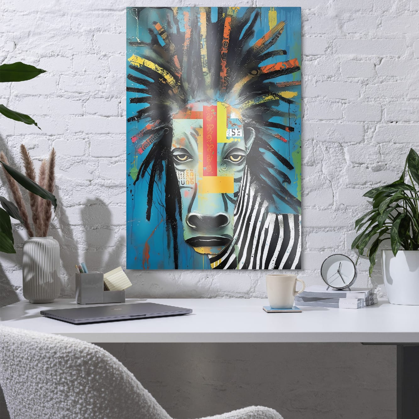 "Rebel Stripes" glossy metal poster 24"x36" in a home office above desk on white brick wall, modern zebra metal print with teal background, expressive brush-stroke mane, and dripping paint accents, by GiveMeMood