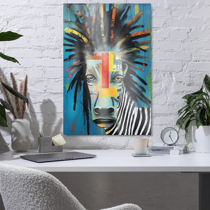 "Rebel Stripes" glossy metal poster 24"x36" in a home office above desk on white brick wall, modern zebra metal print with teal background, expressive brush-stroke mane, and dripping paint accents, by GiveMeMood