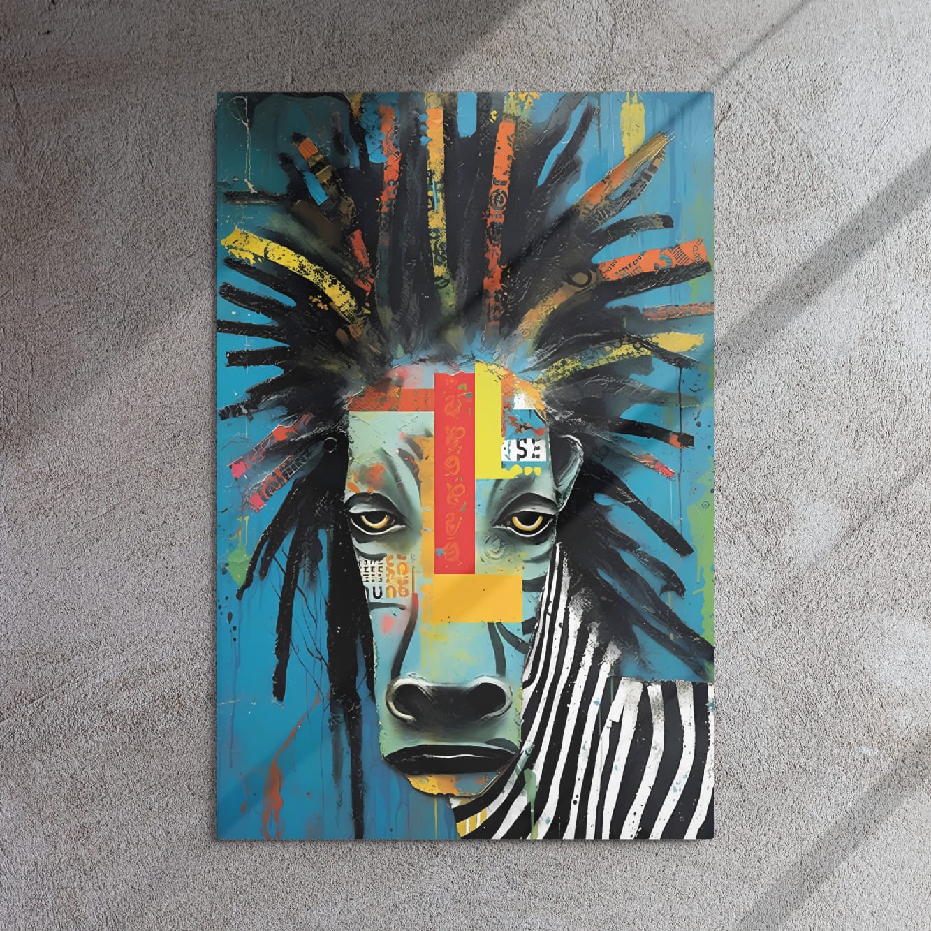 "Rebel Stripes" glossy metal poster 24"x36" on textured concrete wall with diagonal window-light shadows, vibrant street-art zebra portrait with teal background and colorful splatter/brush-stroke mane, by GiveMeMood