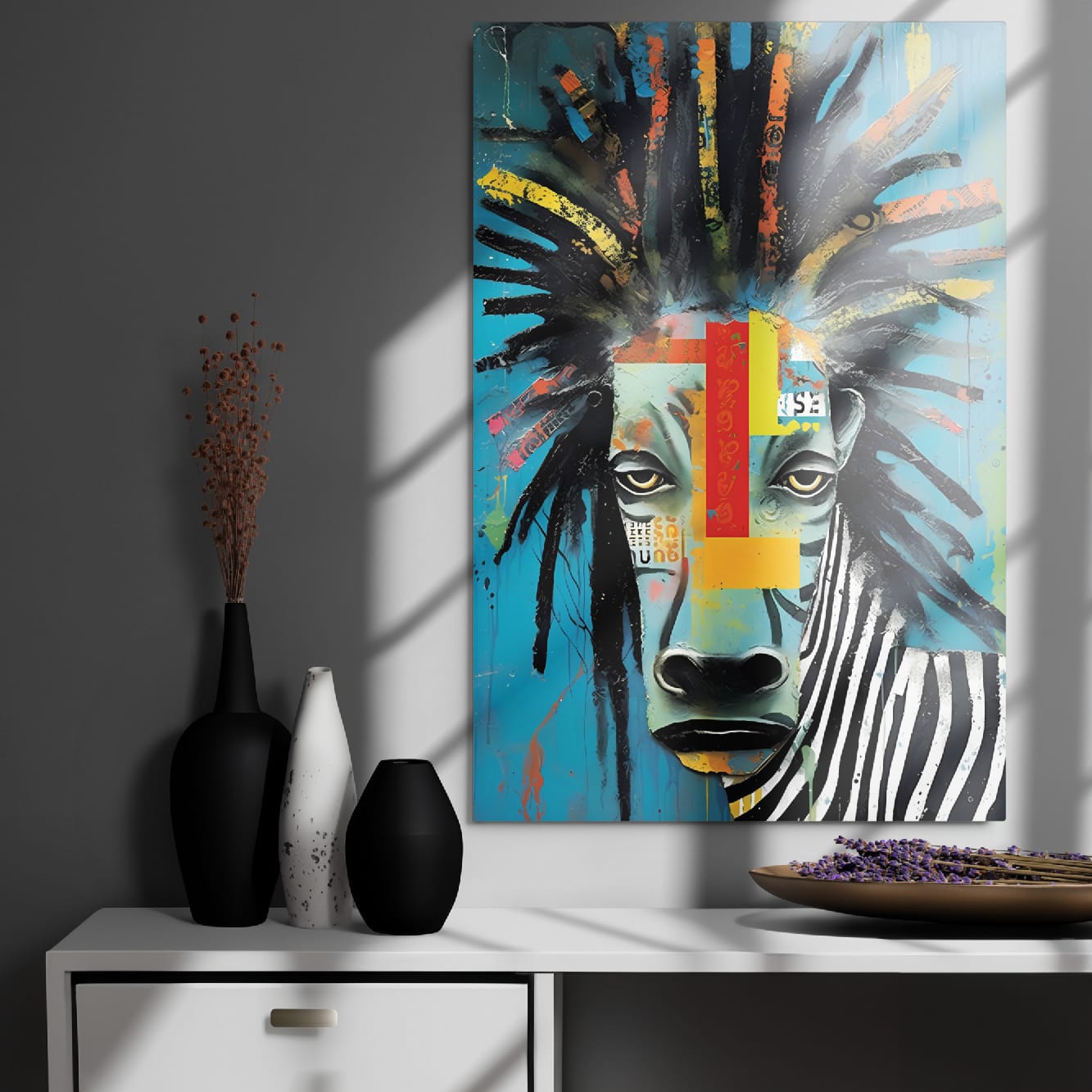 "Rebel Stripes" glossy metal poster 24"x36" on modern gray wall above console decor with window-light shadows, contemporary zebra aluminum wall art with teal backdrop, bold color blocks, and paint-drip texture, by GiveMeMood