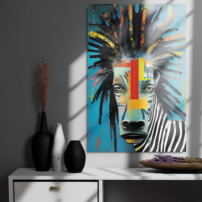 "Rebel Stripes" glossy metal poster 24"x36" on modern gray wall above console decor with window-light shadows, contemporary zebra aluminum wall art with teal backdrop, bold color blocks, and paint-drip texture, by GiveMeMood