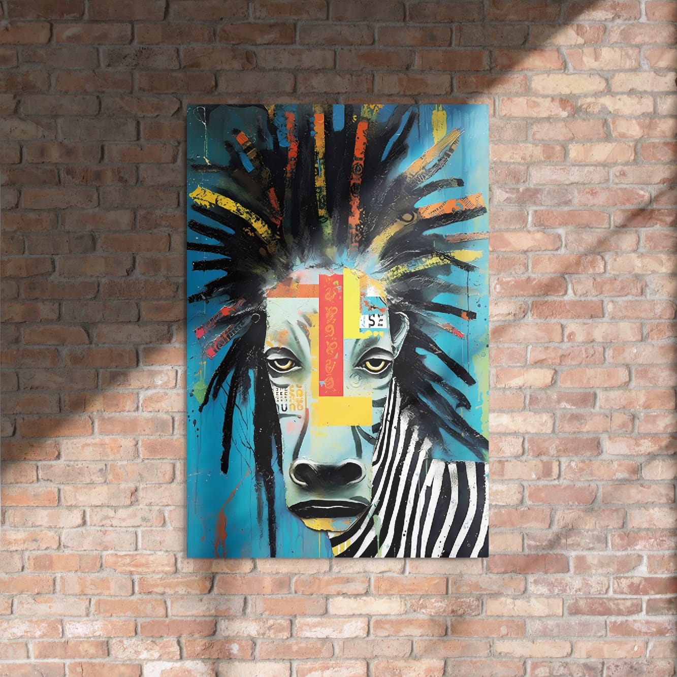 "Rebel Stripes" glossy metal poster 24"x36" on rustic brick wall with sun shadows, pop-art zebra wall decor featuring teal background, colorful brush strokes, and urban paint-splatter drips, by GiveMeMood