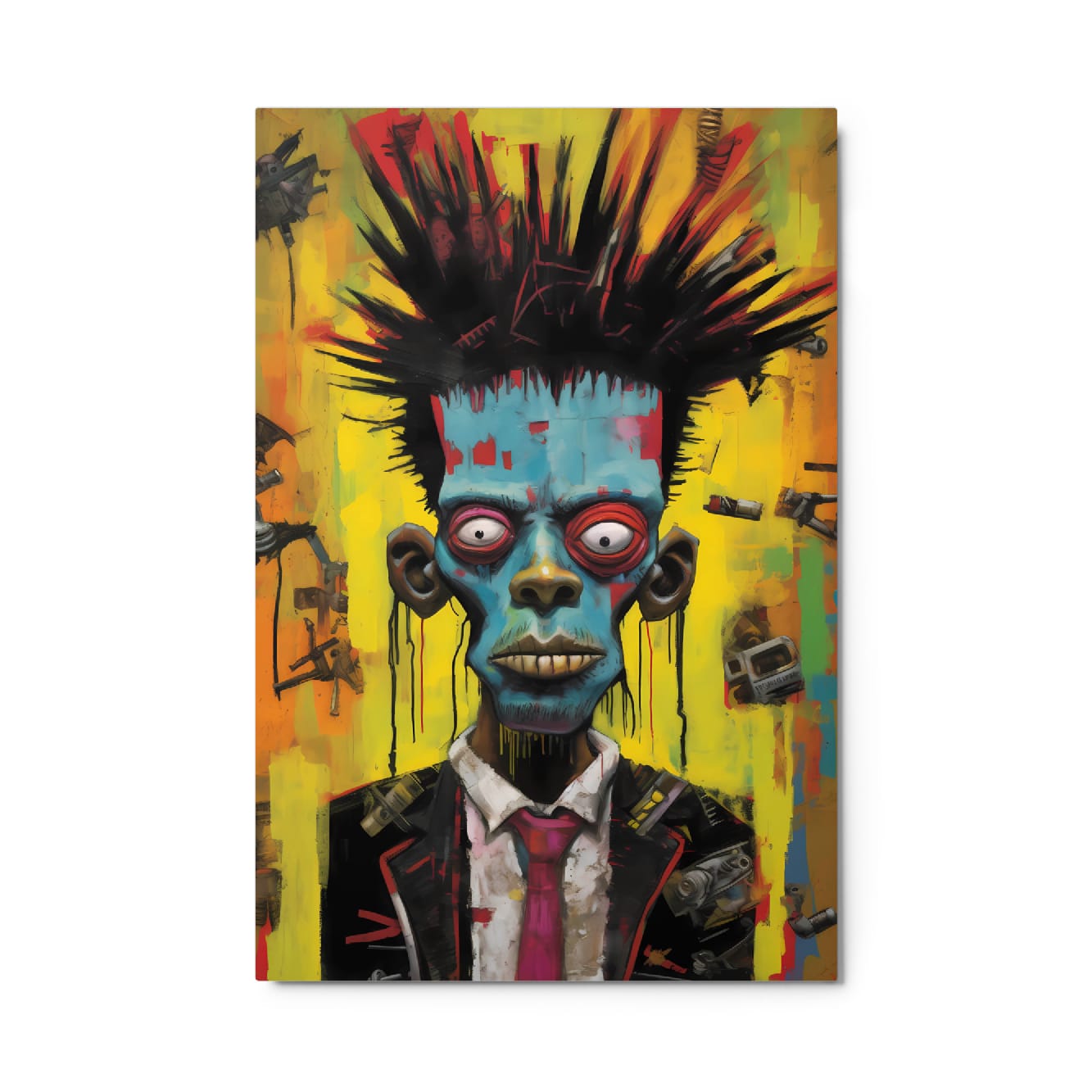 "Punk Rebel" glossy metal poster 24"x36" product photo on white background, close-up of vivid punk portrait with blue/turquoise face, spiked hair, red eye rings, yellow/orange graffiti background, suit jacket and pink tie, glossy aluminum finish, by GiveMeMood