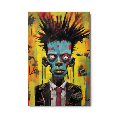 "Punk Rebel" glossy metal poster 24"x36" product photo on white background, close-up of vivid punk portrait with blue/turquoise face, spiked hair, red eye rings, yellow/orange graffiti background, suit jacket and pink tie, glossy aluminum finish, by GiveMeMood