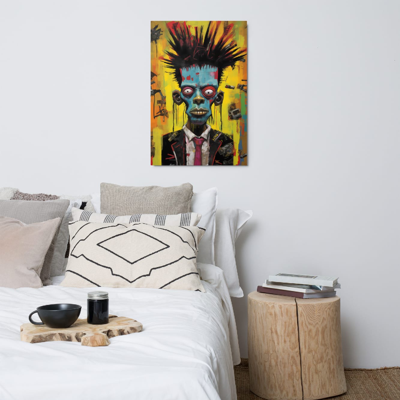 "Punk Rebel" glossy metal poster 24"x36" above bed in a modern bedroom, vibrant punk wall decor with turquoise/blue face, spiky hair silhouette, bright yellow-orange graffiti background, and bold paint-drip details, by GiveMeMood