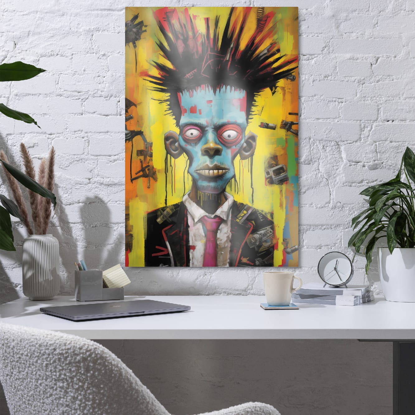"Punk Rebel" glossy metal poster 24"x36" in a home office above desk on white brick wall, striking punk street-art portrait with blue/turquoise face, spiky mohawk hair, vivid yellow graffiti backdrop, and dripping paint accents, by GiveMeMood