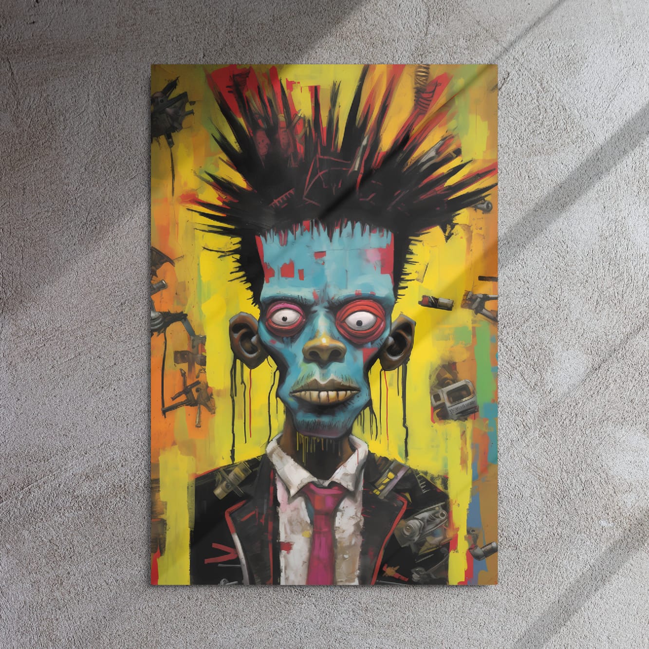 "Punk Rebel" glossy metal poster 24"x36" on textured concrete wall with diagonal window-light shadows, urban punk street-art portrait with turquoise face, sharp spiky hair, bright yellow graffiti backdrop, grunge collage elements, and dripping paint texture, by GiveMeMood
