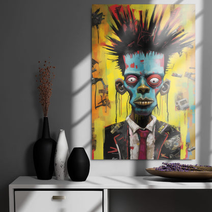 "Punk Rebel" glossy metal poster 24"x36" on modern gray wall above console decor with window-light shadows, bold punk street-art portrait with turquoise/blue face, spiky black hair, yellow/orange graffiti background, red eye accents, suit and magenta tie, paint-drip texture, by GiveMeMood