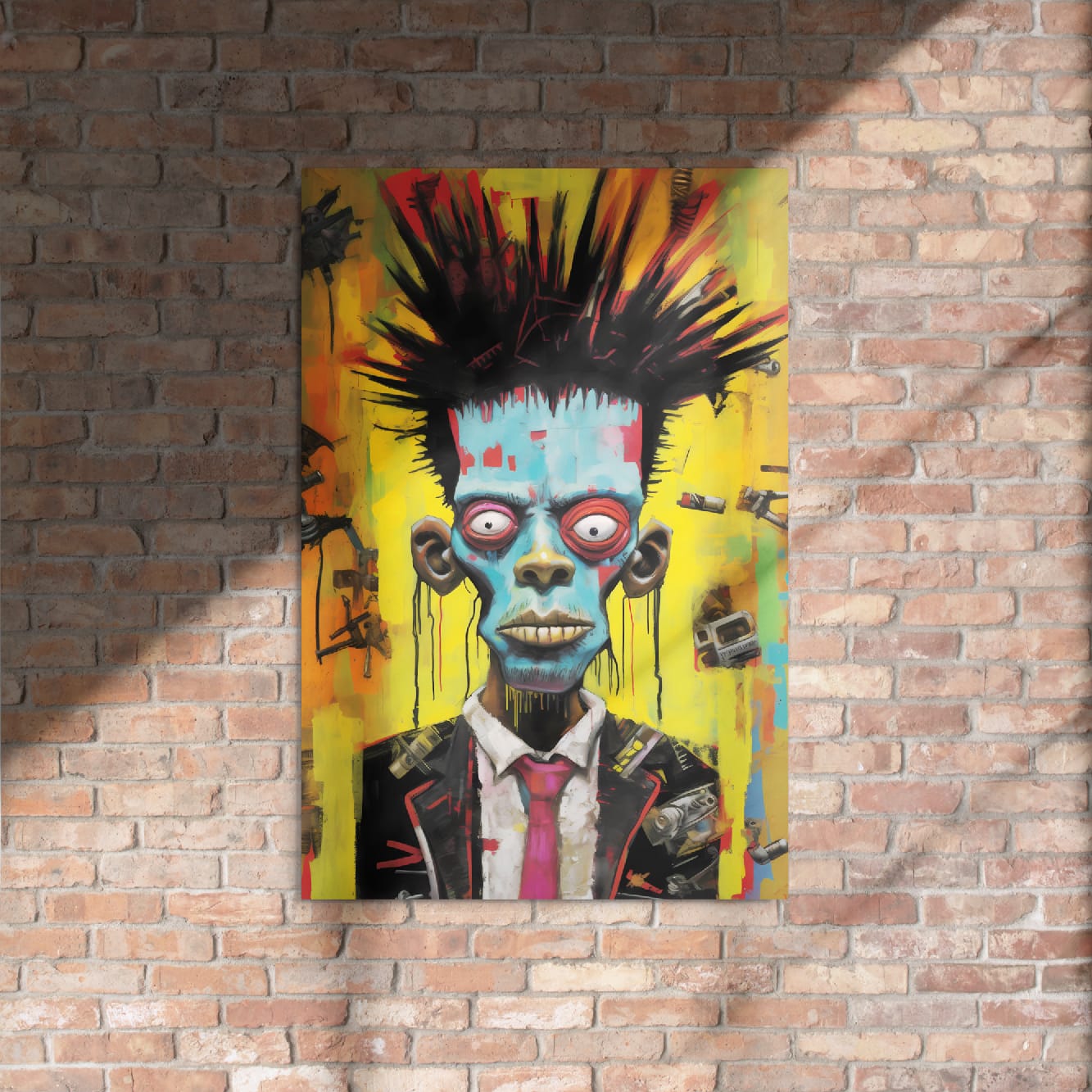 "Punk Rebel" glossy metal poster 24"x36" on rustic brick wall with sun shadows, edgy punk pop-art portrait with teal/blue skin, explosive spiky hair, yellow-orange street collage background, red eye accents, and paint-splatter drips, by GiveMeMood