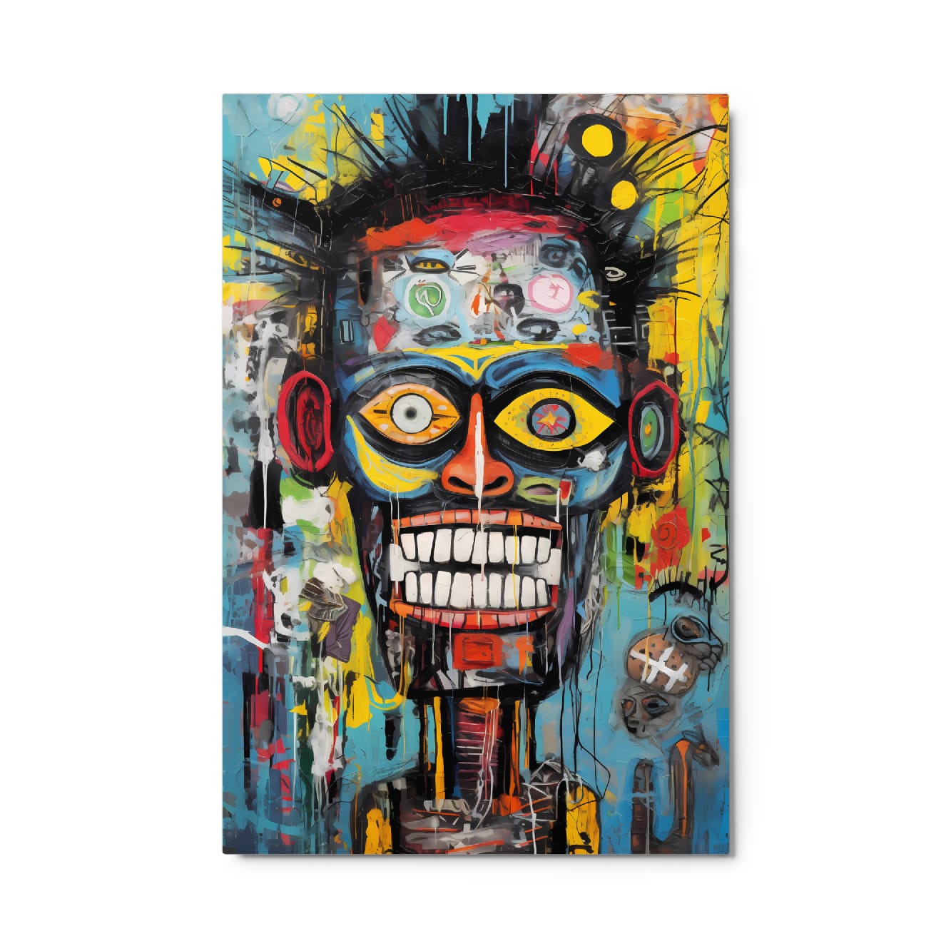 "Tribal Grin" glossy metal poster 24"x36" product photo on white background, close-up modern aluminum wall art featuring a vibrant graffiti skull with tribal face, oversized teeth, bright yellow eyes, teal/blue and orange splashes, glossy finish, by GiveMeMood